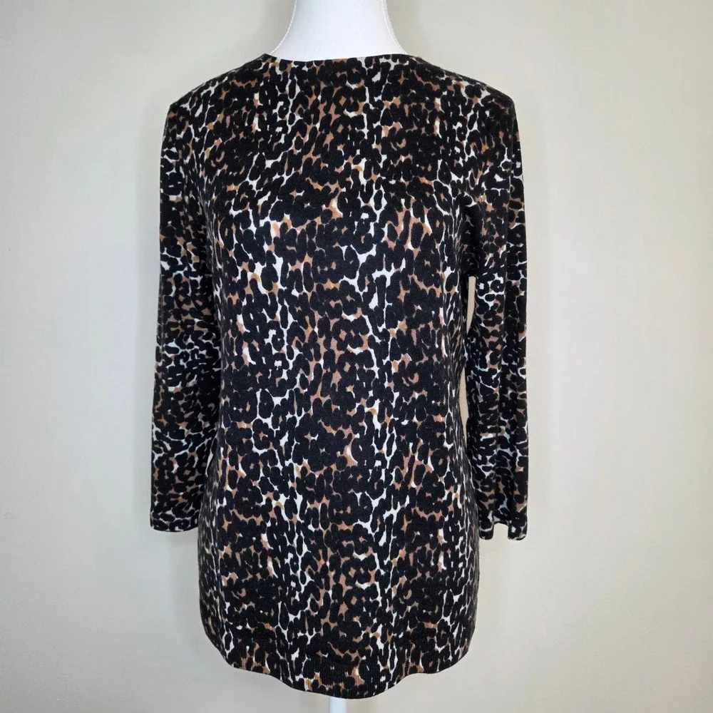 Talbots Womens Merino Wool Leopard Print Crew Neck Sweater Black Brown Large